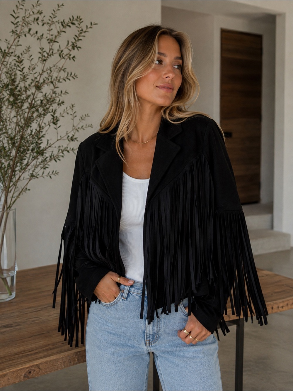 Black Fringe Bomber Jacket - Women's Trendy Fringe Coat